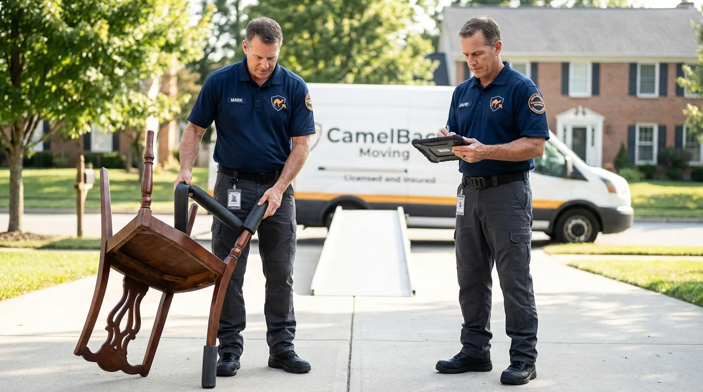 Movers inspecting furniture for damage prevention before loading in Tappahannock, VA