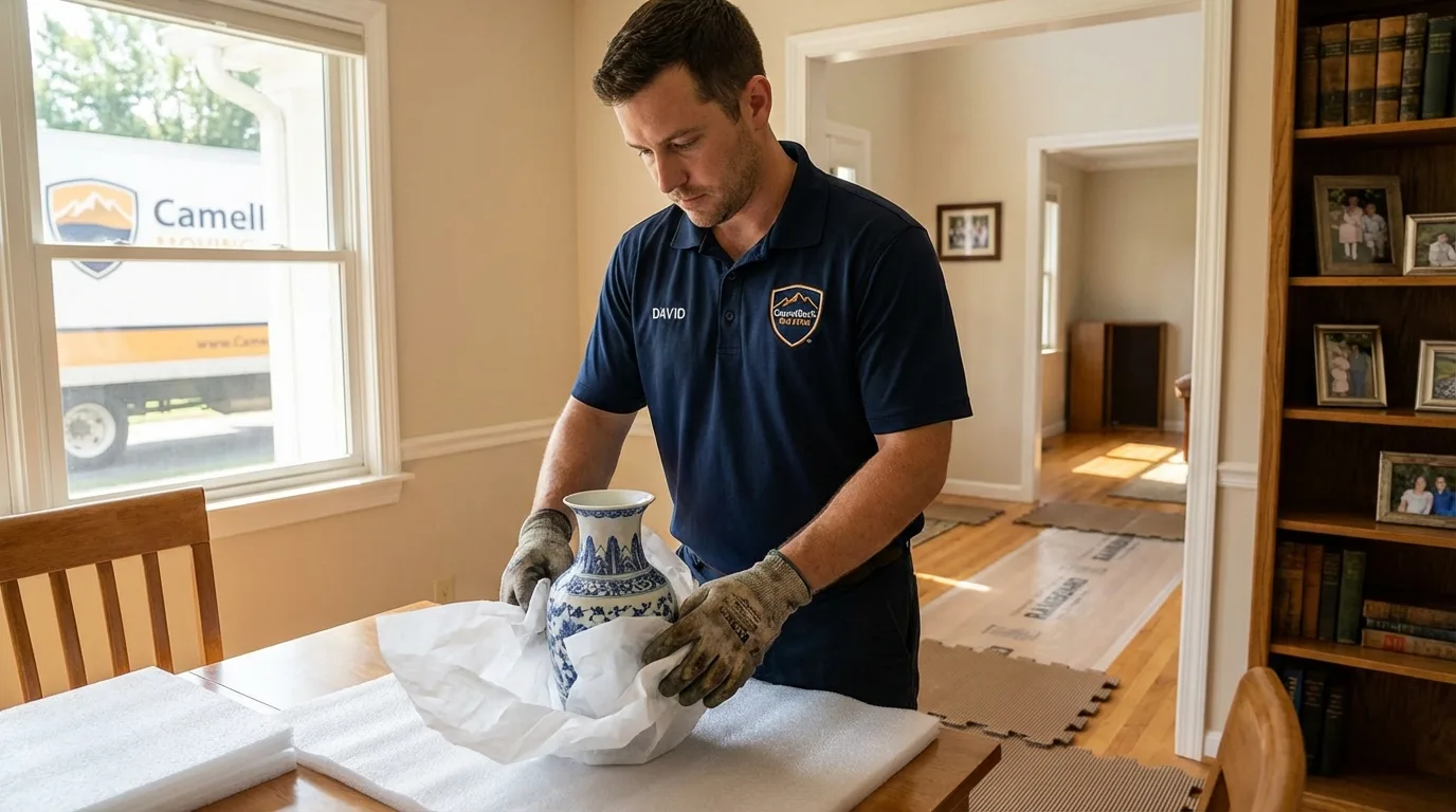 Professional crew carefully wrapping antique vase for senior downsizing move in Tappahannock, VA